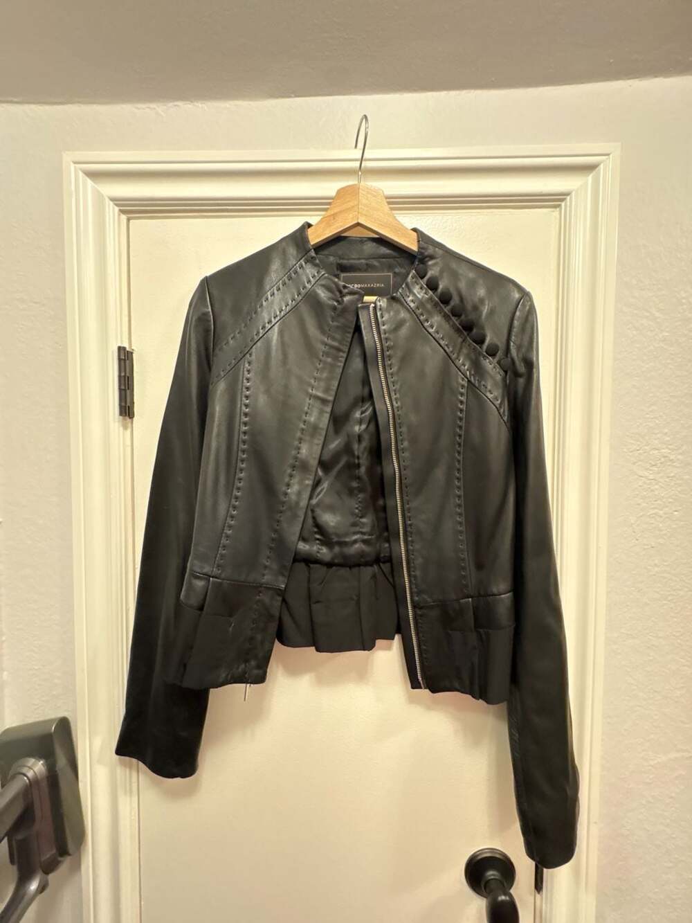 BCBGMAXAZRIA Black 100% Genuine Leather Whipstitch Peplum Jacket XS